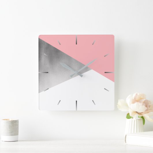 銀エレガントフェイクモダン赤面ピンク幾何学模様 スクエア壁時計 (ホーム)