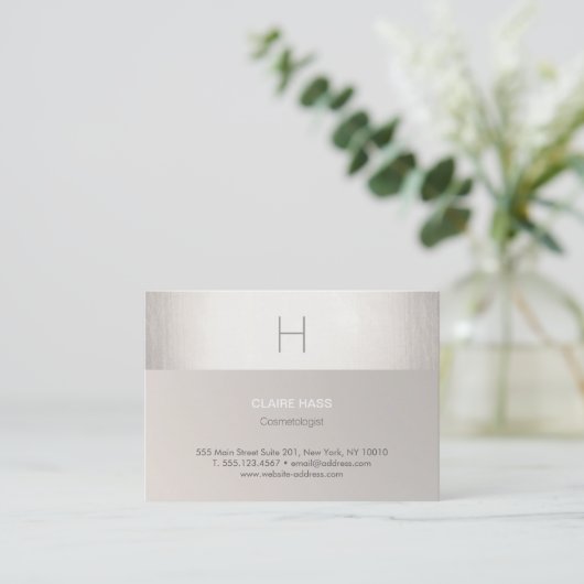 銀エレガントフェイク箔モダン及びトウペモノグラム 名刺 (スタンド正面)