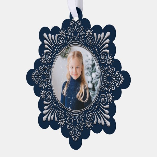 銀エレガントフェイク華美の打ち出しフォトブルー オーナメントカード (左)