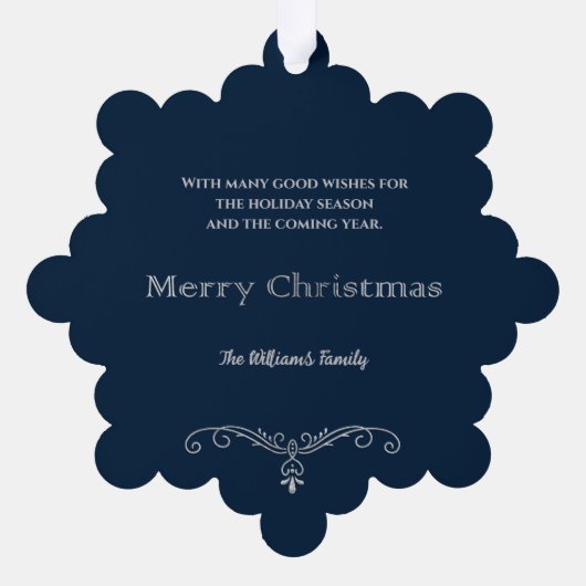 銀エレガントフェイク華美の打ち出しフォトブルー オーナメントカード (裏面)