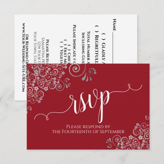 銀エレガントフリルの書道の赤結婚色 出欠カード (正面/裏面)