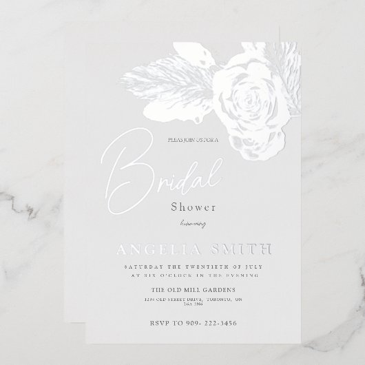 銀エレガントフローラブライダルシャワー実在 箔招待状 (正面/裏面)