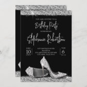 銀エレガントブモダンラックハイヒール誕生日 招待状 (正面/裏面)