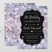 銀エレガントマーメイドはかりで測フレーム誕生日 招待状 (正面/裏面)