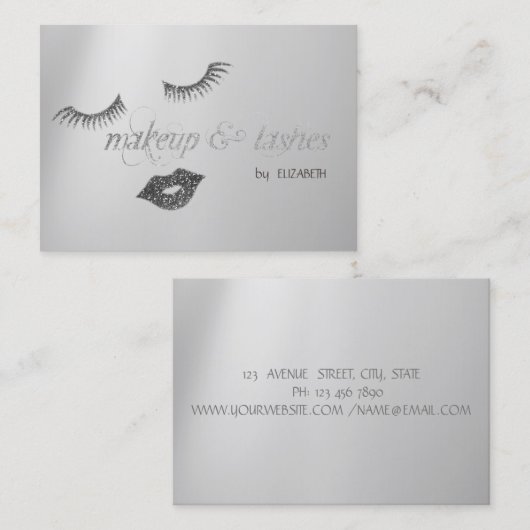 銀エレガントモダングリッター唇、まつげ、化粧 名刺 (正面/裏面)