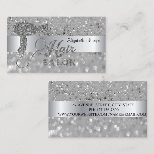 銀エレガントモダングリッター《写真》ぼけ味ヘアドライヤー 名刺 (正面/裏面)