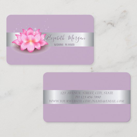 銀エレガントモダンストライプロータスパープル 名刺 (正面/裏面)