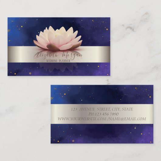 銀エレガントモダンストライプロータスブルー 名刺 (正面/裏面)