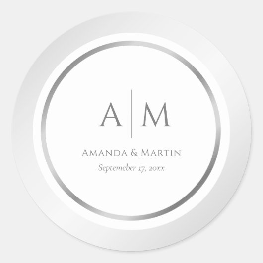 銀エレガントモノグラムのの結婚丸ステッカー ラウンドシール (正面)