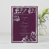 銀エレガントユーカリの葉結婚が燃える 招待状 (スタンド正面)