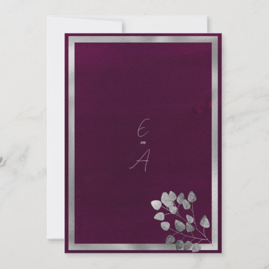 銀エレガントユーカリの葉結婚が燃える 招待状 (裏面)