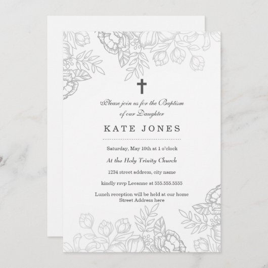 銀エレガントヴィンテージフローラバプテスマ招待状 招待状 (正面/裏面)