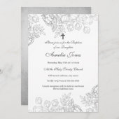 銀エレガントヴィンテージフローラ洗礼 招待状 (正面/裏面)