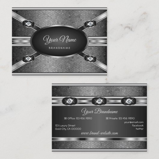 銀エレガント効果模様とラインフェイクストーン 名刺 (正面/裏面)
