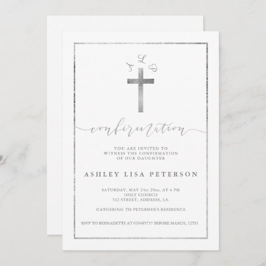 銀エレガント十字モノグラム確認 招待状 (正面/裏面)