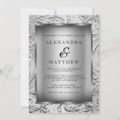 銀エレガント弓銀葉の渦巻き結婚の 招待状 (裏面)