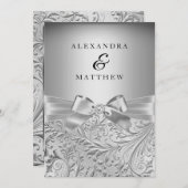 銀エレガント弓銀葉の渦巻き結婚の 招待状 (正面/裏面)
