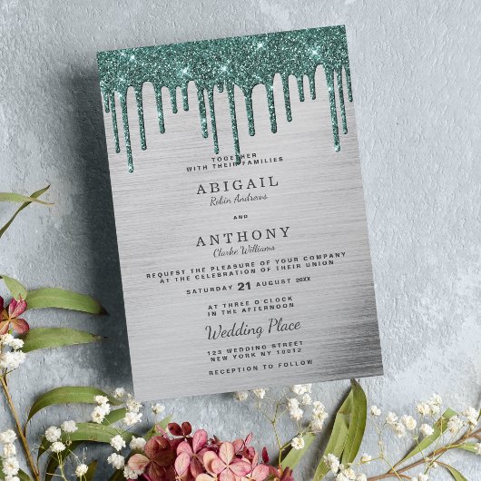 銀エレガント林の緑のグリッターの結婚乾燥 招待状