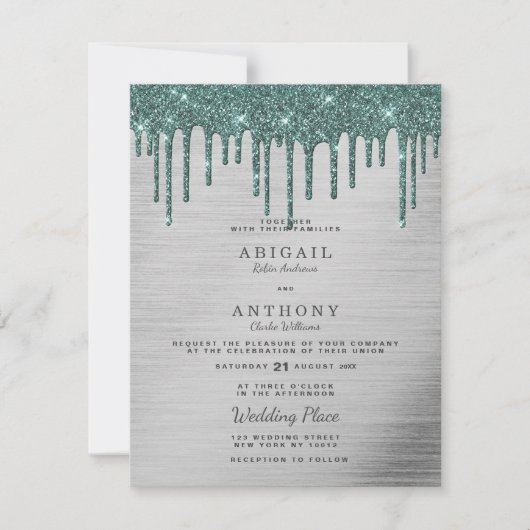 銀エレガント林の緑のグリッターの結婚乾燥 招待状 (正面)