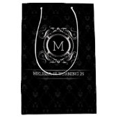 銀エレガント枠付きブラックダマスク ミディアムペーパーバッグ (正面)