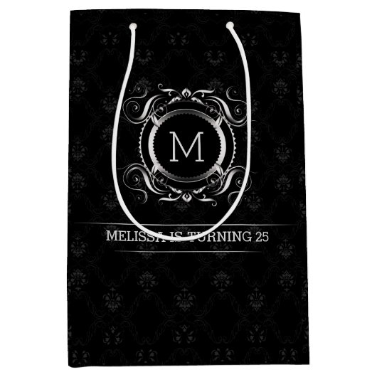 銀エレガント枠付きブラックダマスク ミディアムペーパーバッグ (正面)