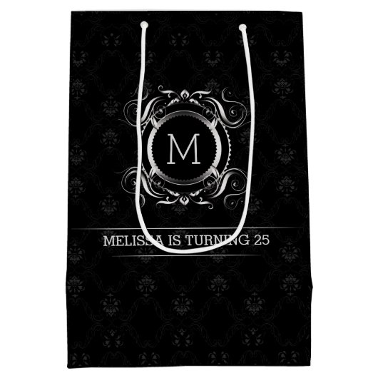 銀エレガント枠付きブラックダマスク ミディアムペーパーバッグ (裏面)