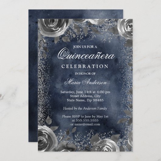 銀エレガント海軍ウォーターカラーキンセアニェラ招待状 招待状 (正面/裏面)