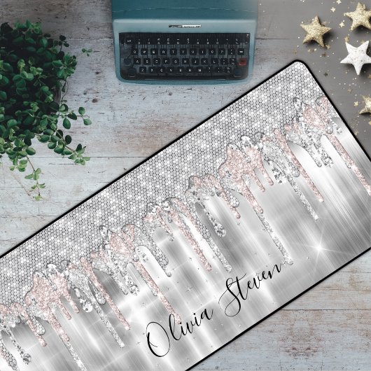銀エレガント滴下グリッターモノグラム デスクマット