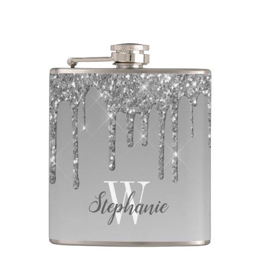 銀エレガント滴下グリッターモノグラム フラスク (正面)