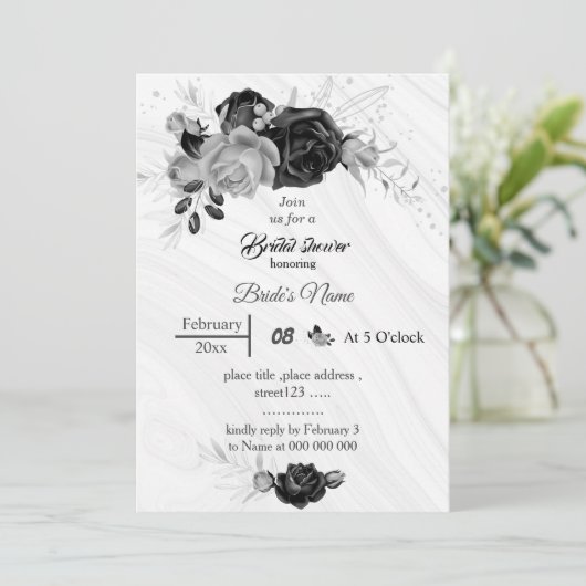 銀エレガント灰色と黒の花ブライダルシャワー 招待状 (スタンド正面)