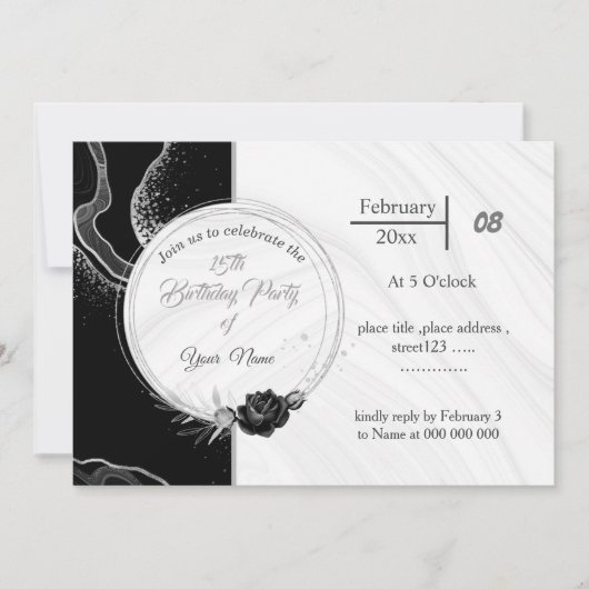 銀エレガント灰色と黒の花誕生日 招待状 (正面)