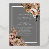 銀エレガント灰色の水彩花結婚の 箔招待状 (正面)