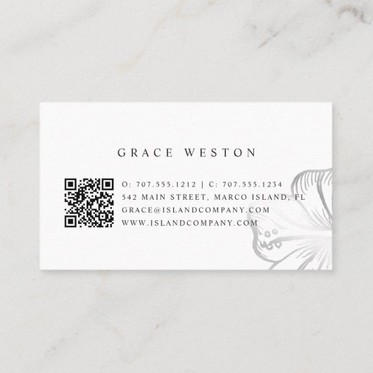 銀エレガント熱帯ハイビスカスフラワーQRコード 名刺 (裏面)