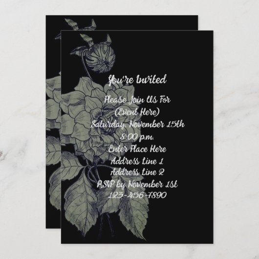 銀エレガント牡丹オンブラックフローラパーティー 招待状 (正面/裏面)