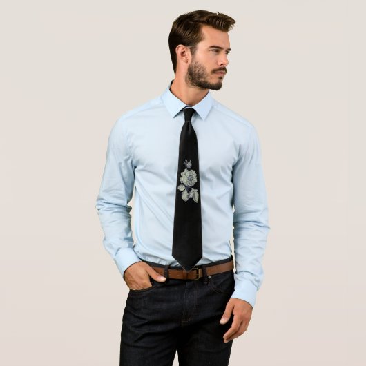 銀エレガント独身の牡丹フラワー黒フローラ ネクタイ (インサイチュ)