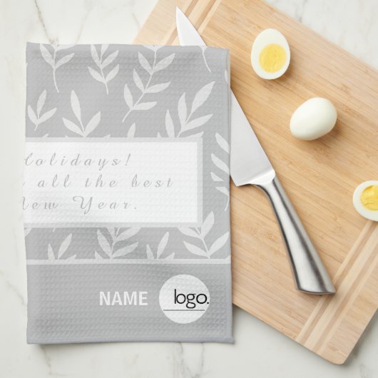 銀エレガント白の葉の休日のロゴ キッチンタオル (四つ折り)