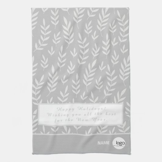 銀エレガント白の葉の休日のロゴ キッチンタオル (縦)
