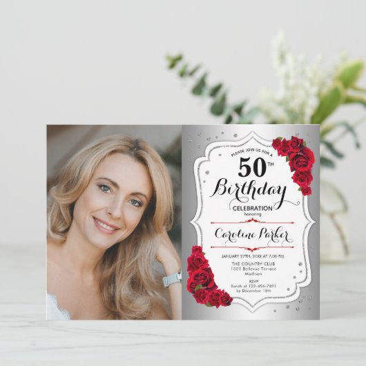 銀エレガント白バラ写真50誕生日 招待状 (スタンド正面)