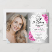 銀エレガント白ピンクローズ写真50誕生日 招待状 (正面)