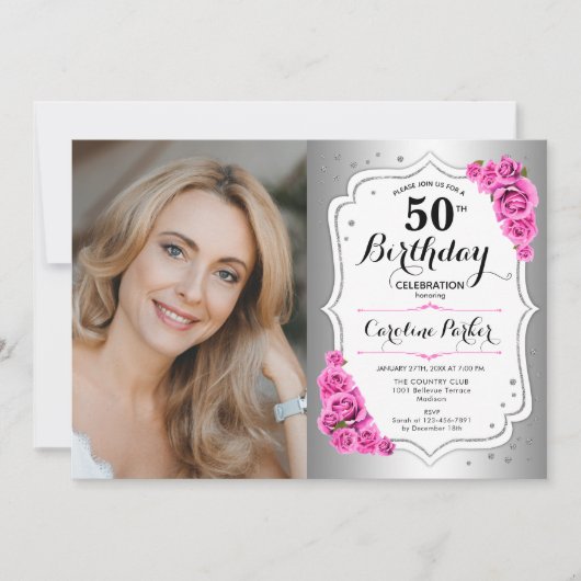 銀エレガント白ピンクローズ写真50誕生日 招待状 (正面)