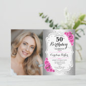 銀エレガント白ピンクローズ写真50誕生日 招待状 (スタンド正面)