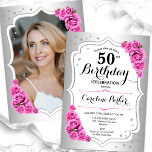 銀エレガント白ピンク写真50誕生日 招待状<br><div class="desc">エレガントフローラ50歳の誕生日の招待状とカードの後ろの写真。グラムデザインフェイク銀。ピンクのバラ、スクリプトのフォント、紙吹雪が特徴。大人スタイリッシュのお祝いパーティーに最適。独自の詳細でパーソナライズどんなカスタマイズ年でもいい！印刷されたZazzle招待状または即時ダウンロードのデジタル印刷可能なテンプレート。</div>