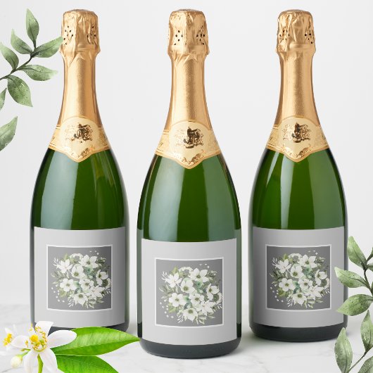 銀エレガント白フローラ結婚ズ スパークリングワインラベル