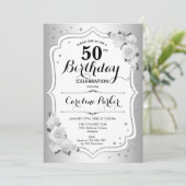 銀エレガント白写真第50誕生日 招待状 (スタンド正面)