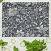 銀エレガント白灰色フローラ キッチンタオル (折り畳み)