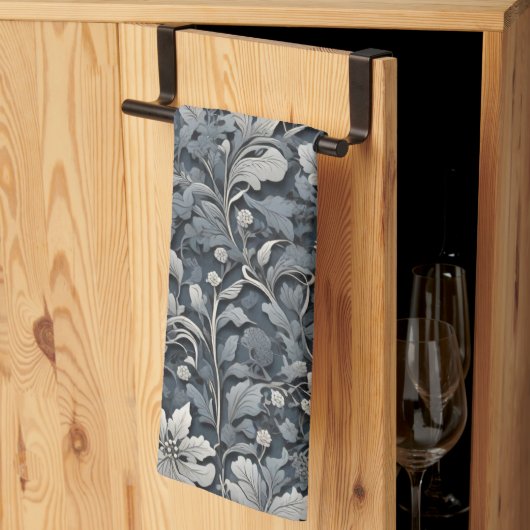 銀エレガント白灰色フローラ キッチンタオル (三つ折り)