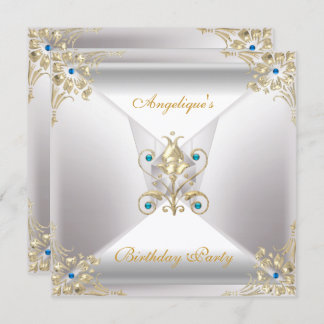 銀エレガント白金ゴールドブルージュエル誕生日 招待状