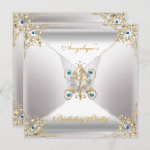 銀エレガント白金ゴールドブルージュエル誕生日 招待状 (正面/裏面)