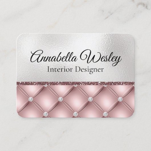 銀エレガント箔のピンクのグリッターとダイヤモンド 名刺 (正面)