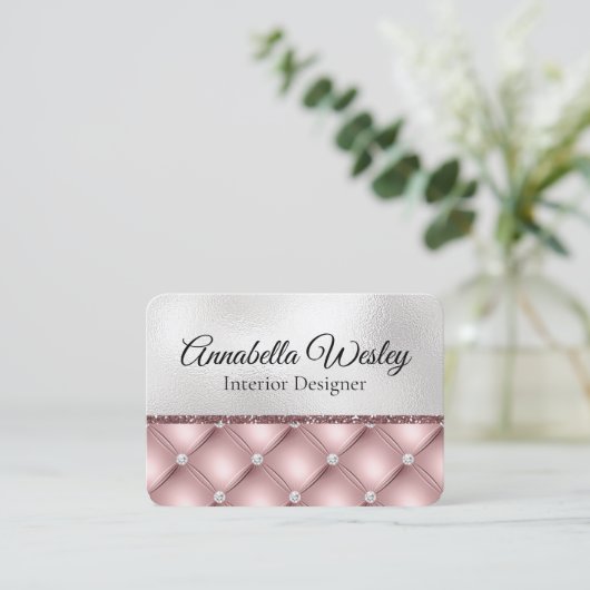 銀エレガント箔のピンクのグリッターとダイヤモンド 名刺 (スタンド正面)